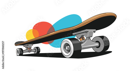 Modern skateboard seen from a low angle perspective with vibrant yellow, red, and blue abstract circles in the background.