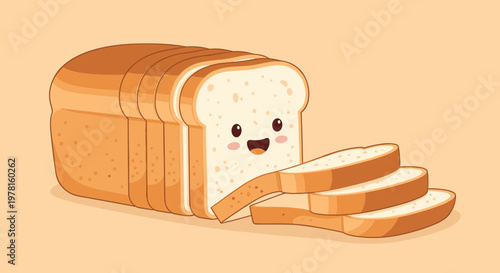 Sliced loaf of white bread with a cute smiling face and pink cheeks rests on a warm orange background with fresh slices displayed nearby.