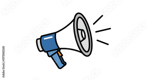 Blue and white handheld megaphone with sound waves projecting outwards represents communication, marketing, and public speaking events.