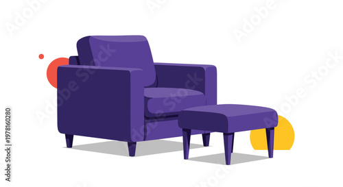 Modern purple upholstered armchair with a matching ottoman footstool stands elegantly against a background of red and yellow circles.