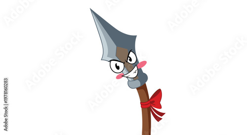 Grumpy cartoon spear character with an angry face and a red bow tied around its wooden shaft tilts forward with grim determination.