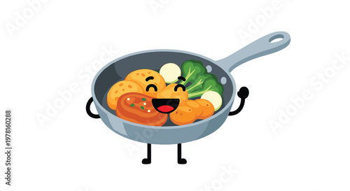 Cheerful frying pan character with a happy face holding a variety of cooked food including steak, potatoes, and healthy green broccoli.