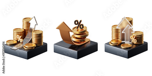 3D financial growth icon set, gold coins, upward arrows, and percentage symbols. Growth money isolated on 3d podium with wealth financial business success finance graph stock profit investment chart.