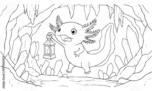 A charming axolotl explores a crystalline cave with a glowing lantern. Coloring page, Black and White Line Art Printable for Kids and Adults.