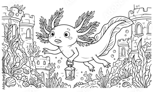 An adorable axolotl swims amongst a whimsical underwater castle and coral reefs. Coloring page, Black and White Line Art Printable for Kids and Adults.
