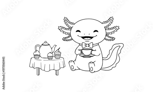A charming axolotl enjoys a delightful tea party with sweets and treats. Coloring page, Black and White Line Art Printable for Kids and Adults.