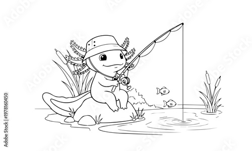 A charming axolotl enjoys a peaceful day of fishing by the waters edge. Coloring page, Black and White Line Art Printable for Kids and Adults.