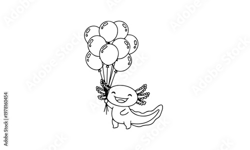 A happy axolotl character holds a bunch of round balloons in a simple drawing. Coloring page, Black and White Line Art Printable for Kids and Adults.