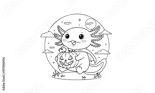 A charming axolotl illustration holds a jack o lantern amidst halloween themed elements. Coloring page, Black and White Line Art Printable for Kids and Adults.