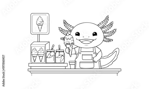 An axolotl cheerfully serves ice cream at a coloring book style stand. Coloring page, Black and White Line Art Printable for Kids and Adults.