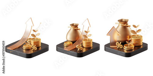 3D financial growth icon set, gold coins, upward arrows, and percentage symbols. Growth money isolated on 3d podium with wealth financial business success finance graph stock profit investment chart.