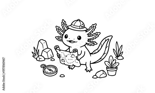 A charming axolotl explorer with a map compass and surrounding nature elements. Coloring page, Black and White Line Art Printable for Kids and Adults.