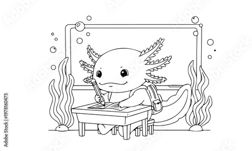 An adorable axolotl student diligently studies at a small desk with school supplies. Coloring page, Black and White Line Art Printable for Kids and Adults.