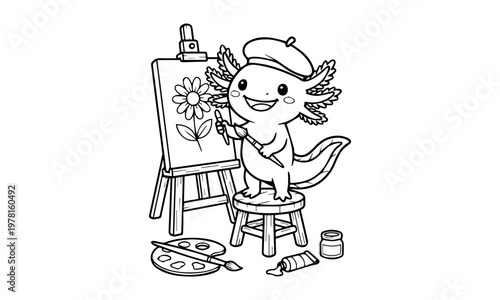 A charming axolotl artist cheerfully paints a sunflower on a canvas with brushes. Coloring page, Black and White Line Art Printable for Kids and Adults.