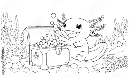 An adorable axolotl curiously explores an open treasure chest underwater among coral. Coloring page, Black and White Line Art Printable for Kids and Adults.