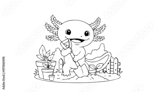 A charming axolotl cheerfully gardens amongst plants and a miniature picket fence. Coloring page, Black and White Line Art Printable for Kids and Adults.