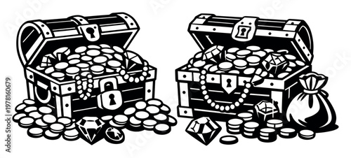 Two open treasure chests overflowing with gold coins, precious gems, and necklace jewels, with a money bag, black and white vector illustration