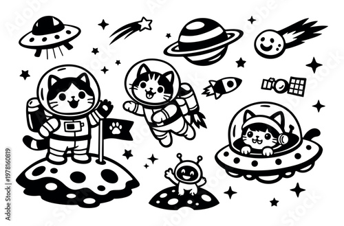 Adorable cartoon cats depicted as astronauts, flying in spaceships and landing on moons, surrounded by planets and stars