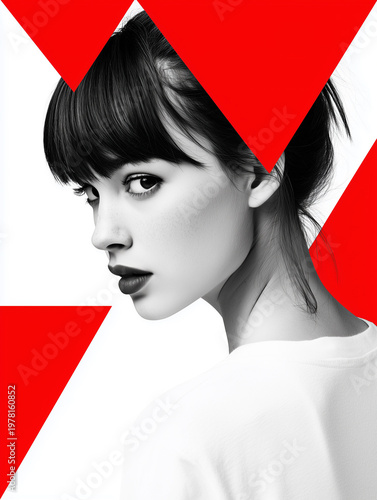 Black and white portrait of a young woman with bold makeup, looking over her shoulder and framed by dynamic red geometric shapes.