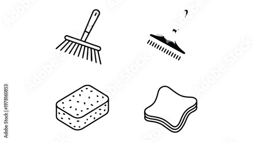 Cleaning Essentials: A neat collection of essential cleaning tools, artfully arranged, to keep the space tidy. Representing the essential items needed for the daily home chore and maintenance.