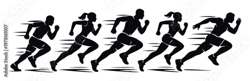 Running athletes sprinting forward in a dynamic race. Fitness and sport concept with individual runners demonstrating movement