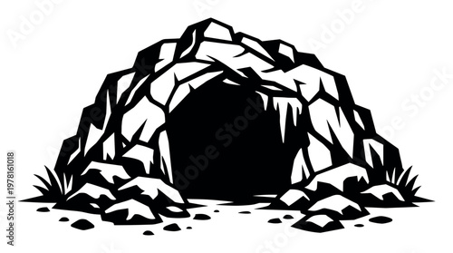Cave entrance graphic vector with rocks, ice icicles, and grass, depicting outdoor nature and mystery in black and white