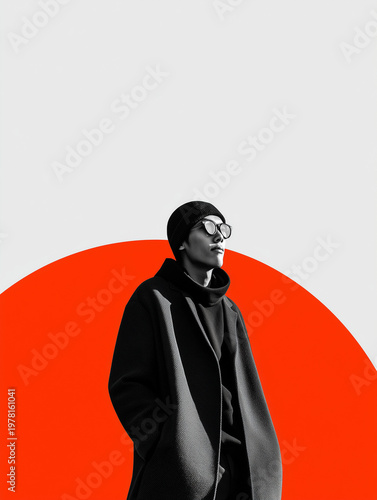 Minimalist black and white portrait of a man in black coat and beanie, standing against a bold red circle.
