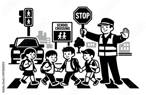 School crossing guard helping young students safely cross the street on a pedestrian crosswalk. Concept of child safety