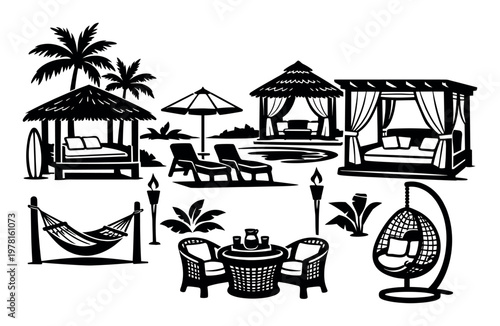 Collection of tropical resort and beach elements for vacation, travel, and relaxation concepts, featuring palm trees, cabanas, and lounge furniture