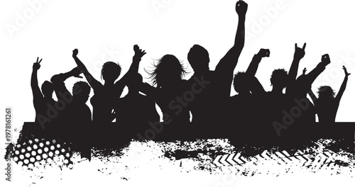 Foto Vector silhouettes of a crowd of people dancing and cheering with hands up at a