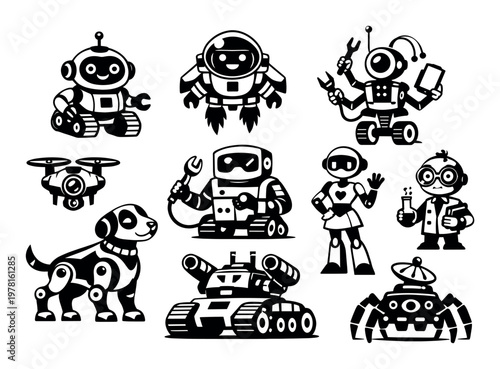 Collection of different robot characters in black and white, featuring various designs and roles, representing modern technology and AI concepts