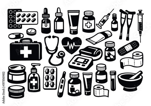 Medical care and healthcare objects set, featuring first aid, medicine, pharmacy, and diagnostic tools on white background