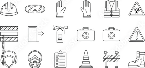 Construction and Workplace Safety Icon Set with Protective Gear, Warning Signs, Emergency Equipment, and Hazard Prevention Symbols