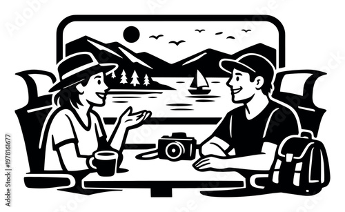 Couple traveling by train, conversing and admiring a scenic lake and mountain landscape through the window