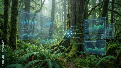 Advanced digital data visualization in a lush green forest representing sustainable ecosystem management climate change analytics and environmental monitoring technology for a greener future project
