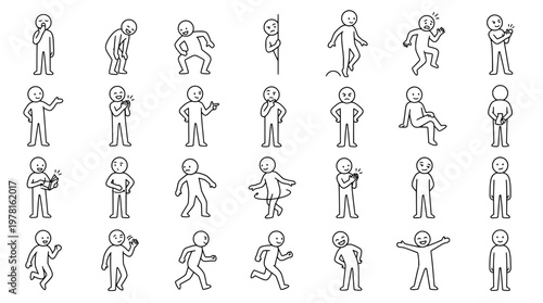 Cartoon people poses set in simple line art for various concepts