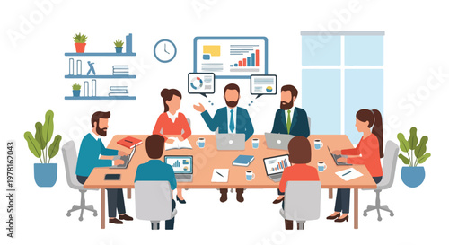 A group of professionals sits around a conference table engaged in a productive business meeting with various data charts displayed.