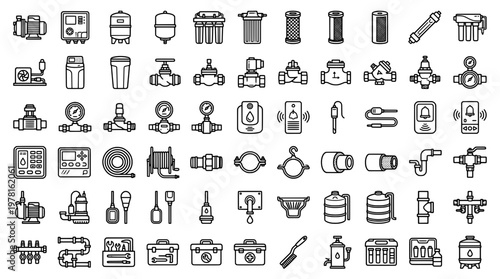Collection of industrial water filters and valves icons isolated on white