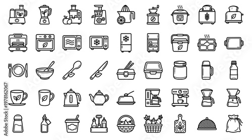 Collection of kitchen appliances and food related items in outlined vector style