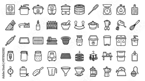 Collection of kitchen tools and appliances in a clean monochrome line art style