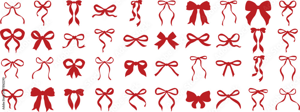 Naklejka premium Ribbon with bow silhouette collection vector set in red color. 40+ trendy coquette aesthetic bows in various styles, perfect for Christmas, Valentine, fashion and gift designs.