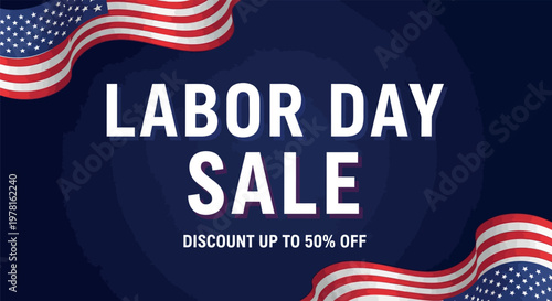 Labor Day Sale banner with American flags in patriotic colors for holiday promotion