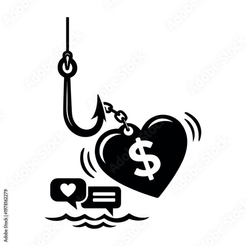 Fishing hook with a chained heart containing a dollar sign, baiting chat bubbles with likes and messages from water