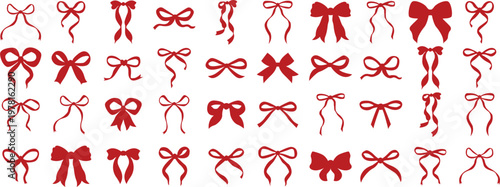 Ribbon with bow silhouette collection vector set in red color. 40+ trendy coquette aesthetic bows in various styles, perfect for Christmas, Valentine, fashion and gift designs.