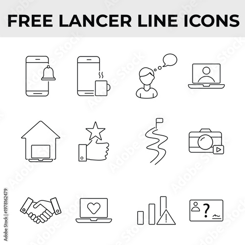Freelance Economy and Remote Work Line Icons Sheet for Gig Platforms and Jobs