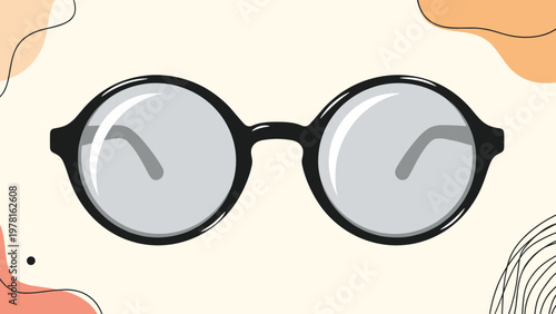 Round black-rimmed spectacles with clear lenses presented on a modern abstract background with organic shapes and wavy line patterns.