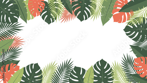 Vibrant tropical leaf frame featuring monstera palm and exotic leaves in shades of green and coral around a central white space.