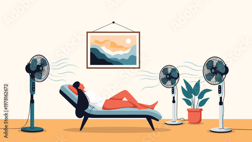 Relaxed woman lying on a lounge chair surrounded by three electric fans to stay cool during hot summer weather in flat style art.