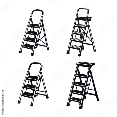 Collection of various stepladder designs in black and white, depicting tools for climbing and reaching tasks