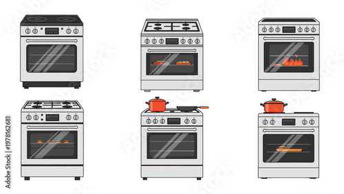 Collection of various modern kitchen stove and oven models featuring different burner styles and interior baking scenes in flat art.